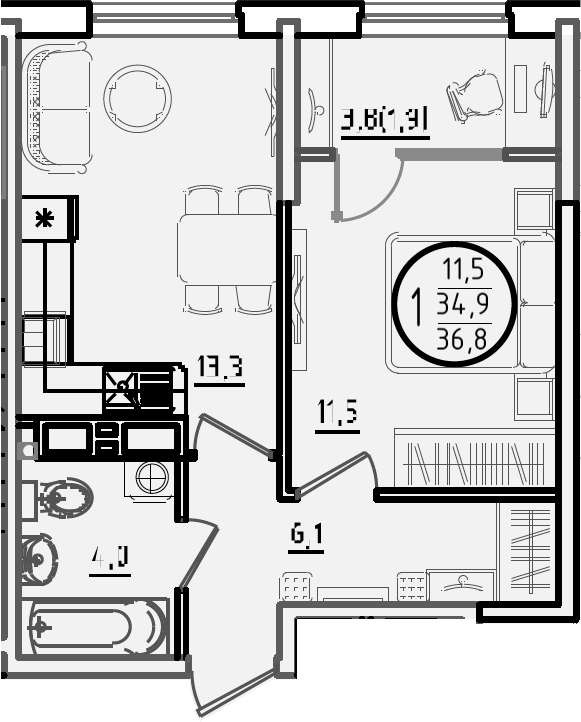 2-комн., 34.9 м², 13/18 этаж, ЖК «Первое место»