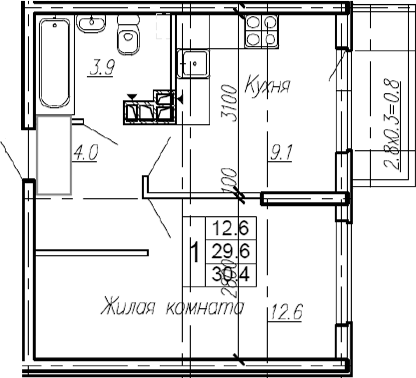 1-комн., 29.6 м², 2/4 этаж, ЖК «Эво»