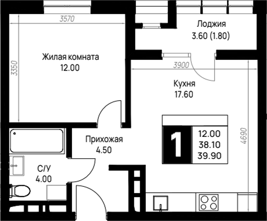 1-комн., 38.1 м², 2/9 этаж, ЖК «На высоком берегу»