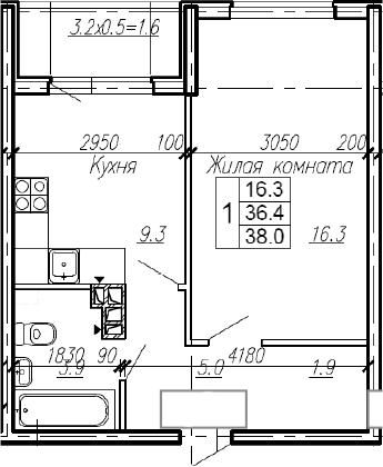 1-комн., 36.4 м², 4/4 этаж, ЖК «Эво»
