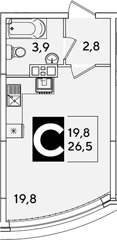 Студия, 26.5 м², 6/16 этаж, ЖК «Самолет»