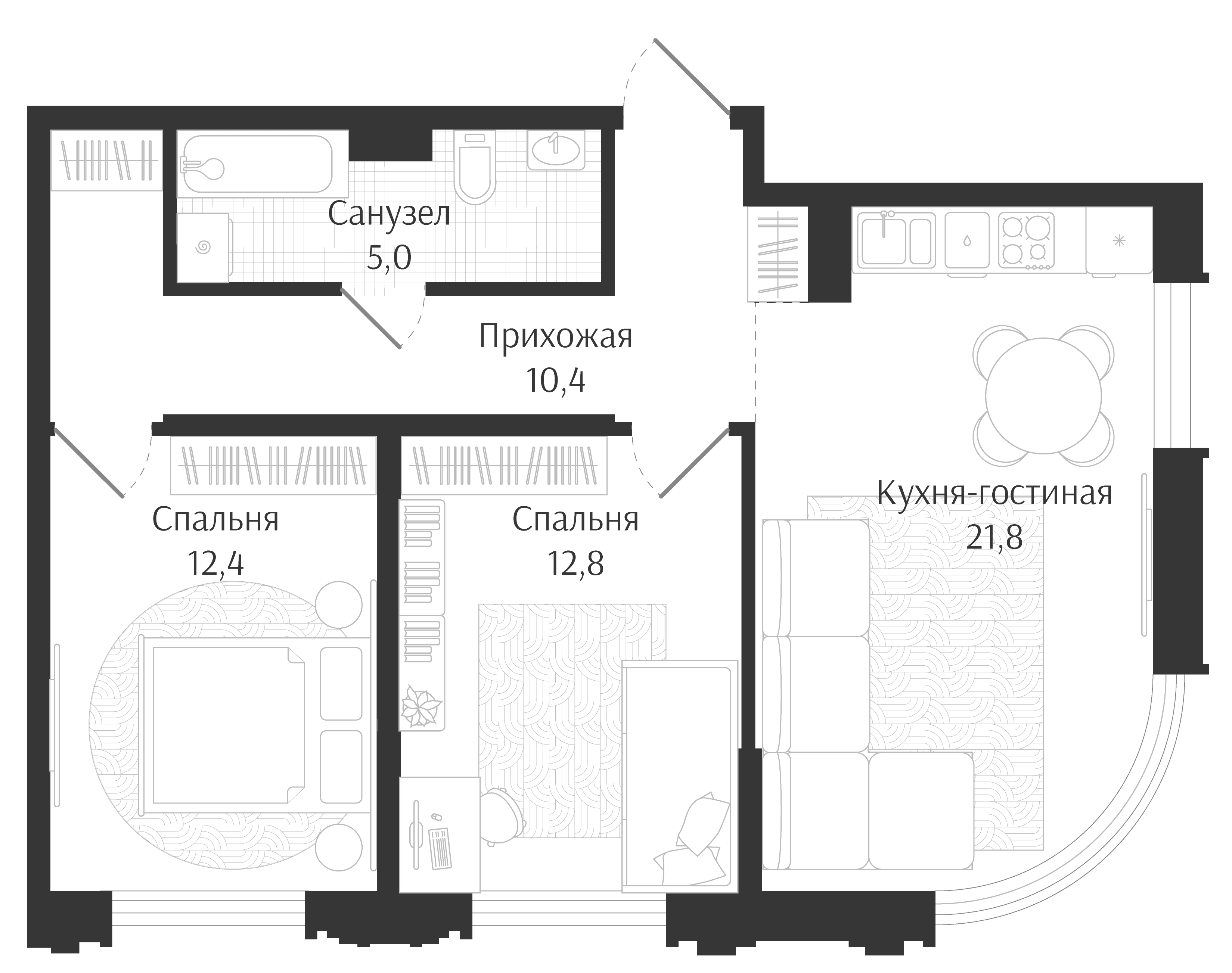 3-комн., 62.4 м², 2/7 этаж, ЖК «Брют Резиденс»