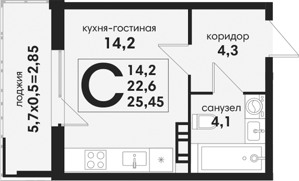 Студия, 22.6 м², 3/4 этаж, ЖК «Новая Елизаветка»