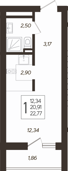 Студия, 20.91 м², 2/19 этаж, ЖК «Кислород»