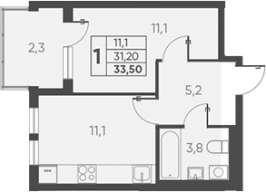 1-комн., 31.2 м², 11/15 этаж, ЖК «Барса»