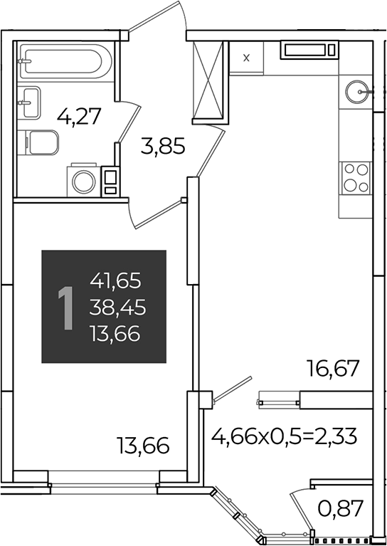1-комн., 38.45 м², 12/21 этаж, ЖК «Образцово»