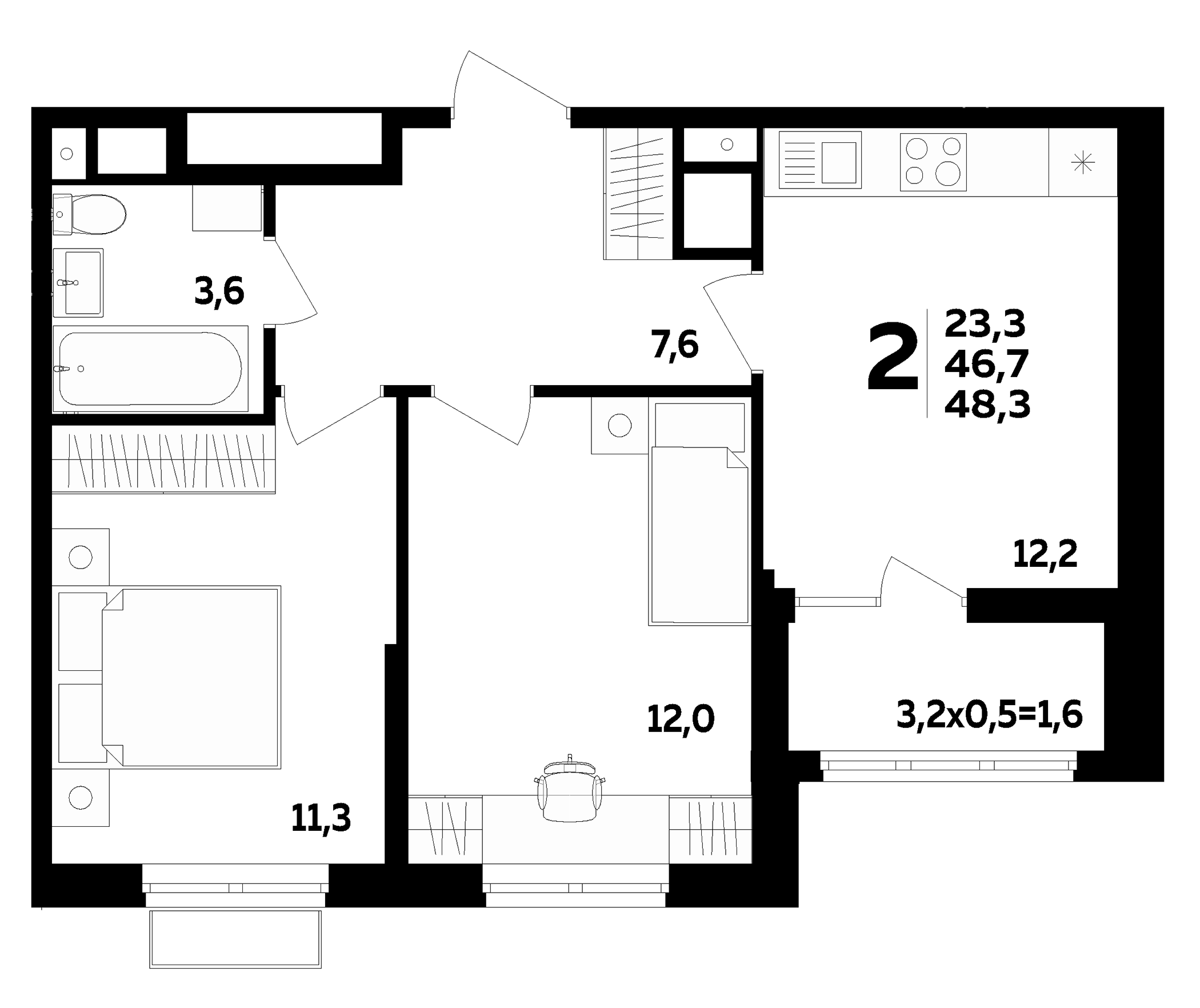 2-комн., 46.7 м², 14/16 этаж, ЖК «МегаСити»