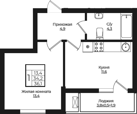 1-комн., 34.2 м², 7/7 этаж, ЖК «Европа-Сити»
