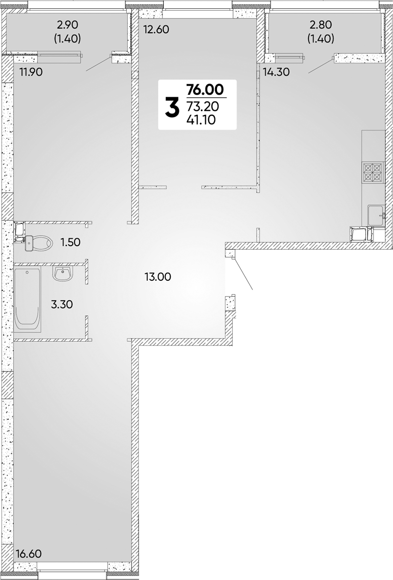 3-комн., 73.2 м², 4/9 этаж, ЖК «Архитектор. ГК ЮгСтройИнвест»