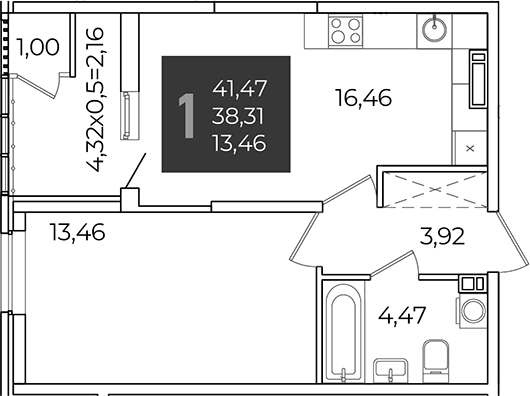 1-комн., 38.31 м², 21/21 этаж, ЖК «Образцово»