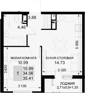 1-комн., 34.06 м², 12/18 этаж, ЖК «Фонтаны»