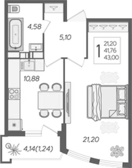 1-комн., 40.76 м², 2/20 этаж, ЖК «Альфа. АСК»