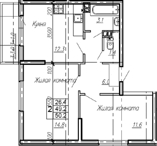 2-комн., 49.2 м², 4/4 этаж, ЖК «Эво»