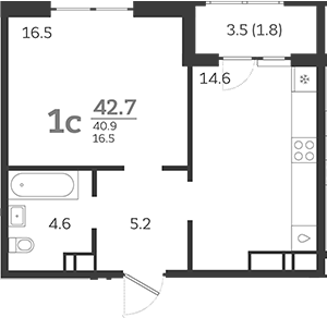 1-комн., 40.9 м², 19/24 этаж, ЖК «Все Свои VIP»