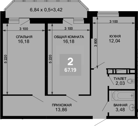 Продается 2-комн. квартира, 63.77 м²