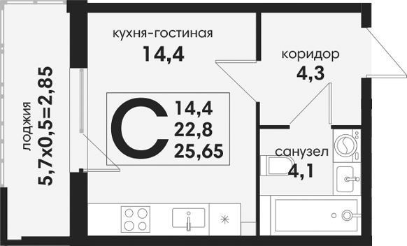 Студия, 22.8 м², 1/4 этаж, ЖК «Новая Елизаветка»