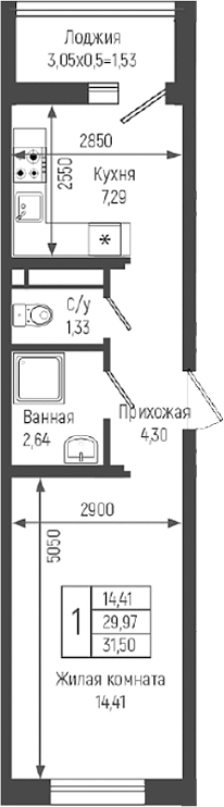 1-комн., 29.97 м², 6/9 этаж, ЖК «Ботаника Хиллс»