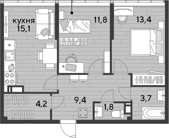 2-комн., 59.4 м², 15/16 этаж, ЖК «DОГМА ПАРК»