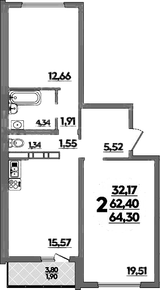 2-комн., 62.4 м², 5/9 этаж, ЖК «Предгорье Лаго-Наки»