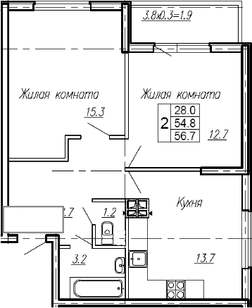 2-комн., 54.8 м², 1/4 этаж, ЖК «Эво»