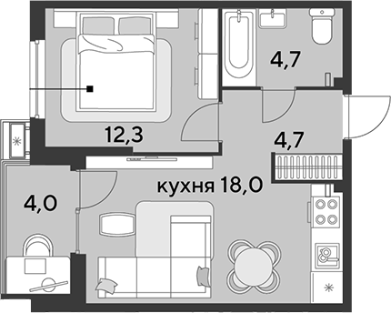 2-комн., 39.7 м², 2/18 этаж, ЖК «Парк Победы»
