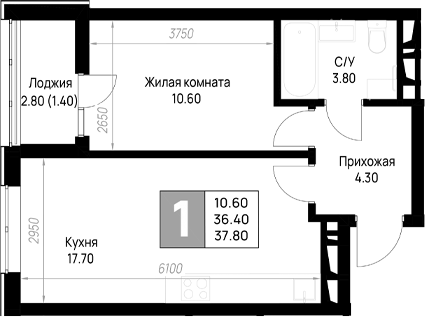 1-комн., 36.4 м², 9/9 этаж, ЖК «На высоком берегу»