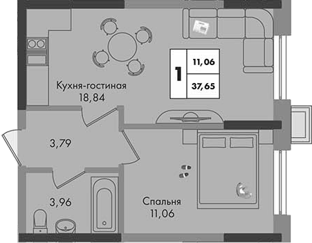 1-комн., 37.65 м², 5/9 этаж, ЖК «Зеленая территория»