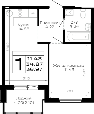 Продается 1-комн. квартира, 34.87 м²