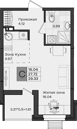 Студия, 27.72 м², 6/8 этаж, ЖК «МОНО квартал»