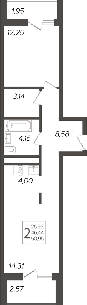 2-комн., 46.44 м², 18/19 этаж, ЖК «Кислород»