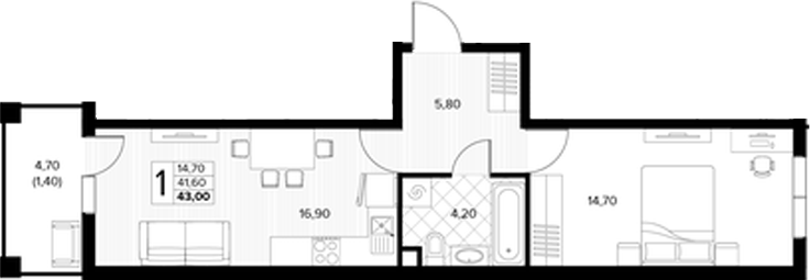1-комн., 41.6 м², 1/7 этаж, ЖК «Кипарис»