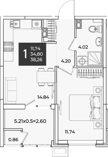 1-комн., 34.8 м², 3/18 этаж, ЖК «Образцово»