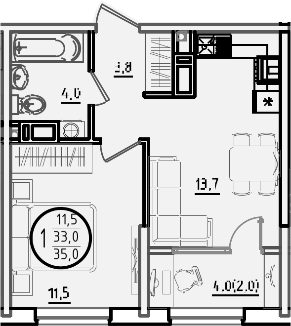 1-комн., 33 м², 16/18 этаж, ЖК «Первое место»