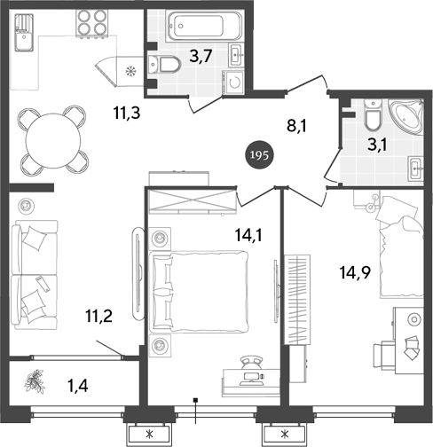 3-комн., 66.4 м², 2/18 этаж, ЖК «Порто-Ново»
