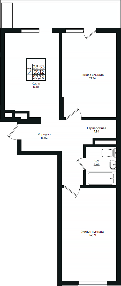 2-комн., 55.12 м², 2/10 этаж, ЖК «Европа-Сити»