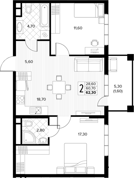 2-комн., 60.7 м², 6/7 этаж, ЖК «Кипарис»