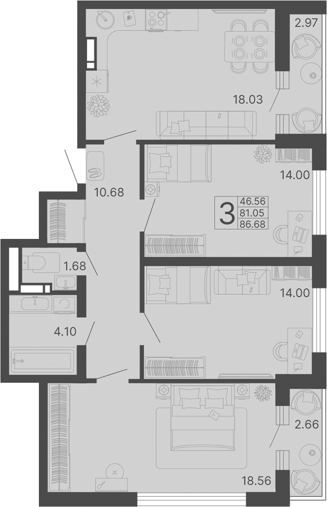 3-комн., 81.05 м², 11/20 этаж, ЖК «Светский лес»