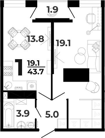 1-комн., 41.8 м², 6/8 этаж, ЖК «Горячий»