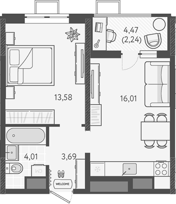 1-комн., 37.29 м², 16/18 этаж, ЖК «Теплые края»