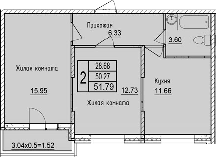 2-комн., 50.27 м², 7/16 этаж, ЖК «Друг»