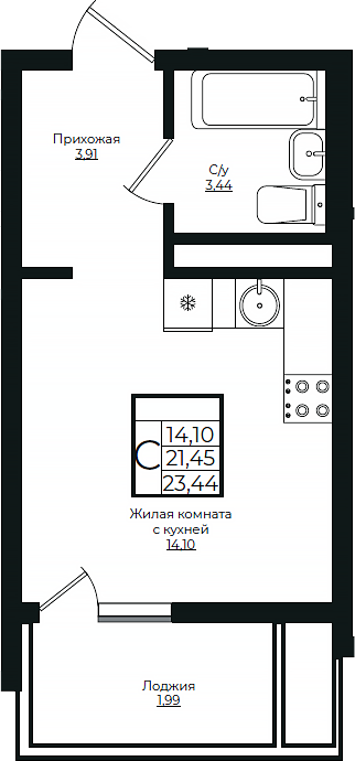 Студия, 21.45 м², 2/10 этаж, ЖК «Европа-Сити»