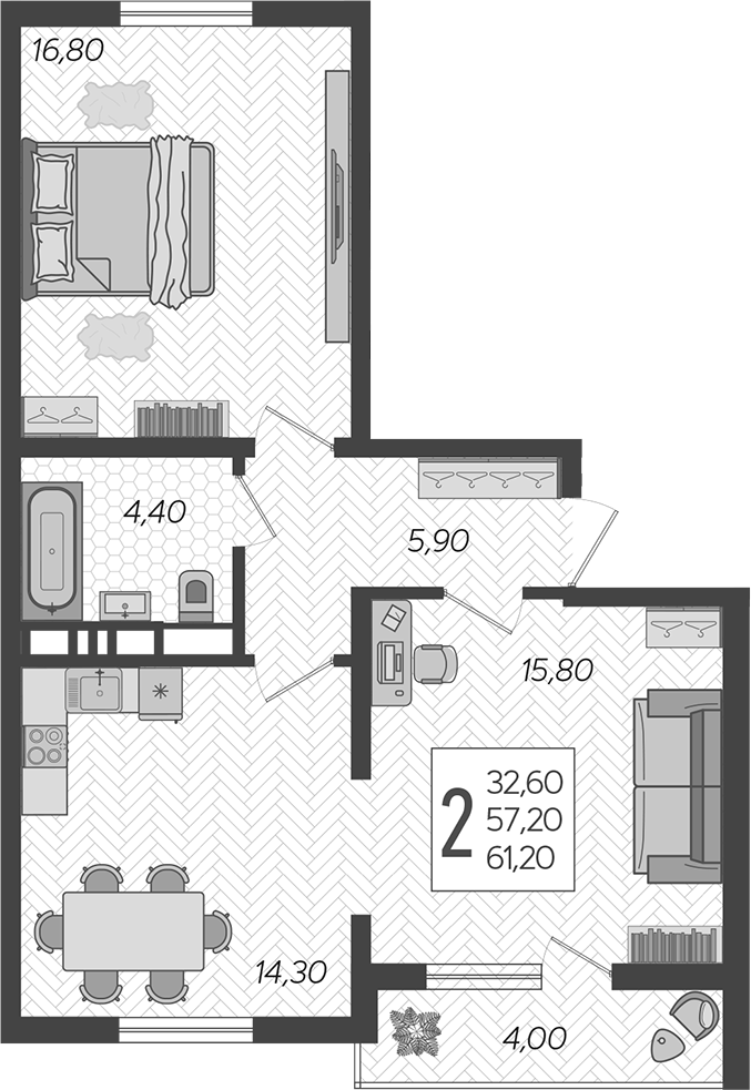 2-комн., 57.2 м², 2/10 этаж, ЖК «Горный квартал»