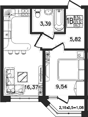 2-комн., 35.12 м², 2/14 этаж, ЖК «Яблоневый»
