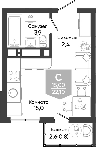 Студия, 21.3 м², 2/24 этаж, ЖК «Облака»