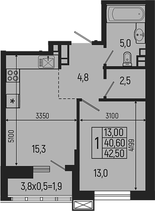 2-комн., 40.6 м², 8/9 этаж, ЖК «Звезды»
