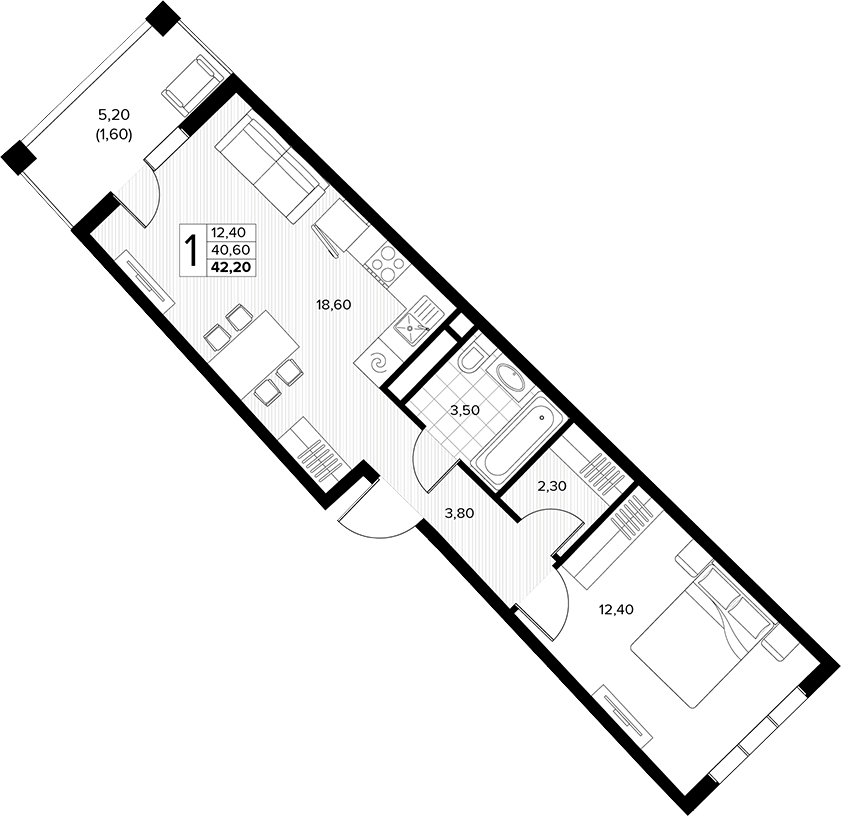 1-комн., 40.6 м², 7/8 этаж, ЖК «Кипарис»