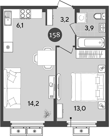 2-комн., 40.4 м², 2/9 этаж, ЖК «Порто-Ново»