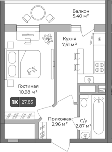 1-комн., 26.23 м², 10/10 этаж, ЖК «Цитрус»