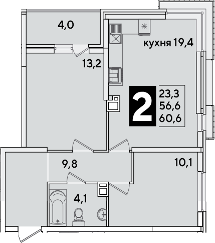 3-комн., 56.6 м², 3/16 этаж, ЖК «Самолет»