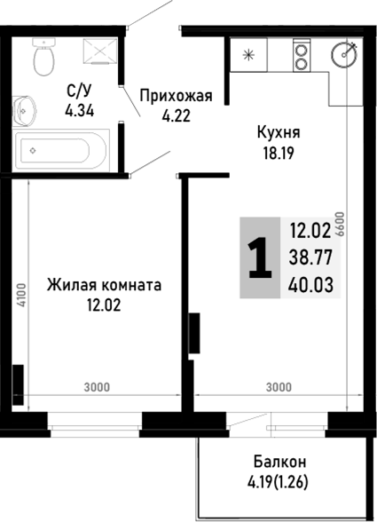 1-комн., 38.77 м², 2/4 этаж, ЖК «Усадьба Гостагаевская»